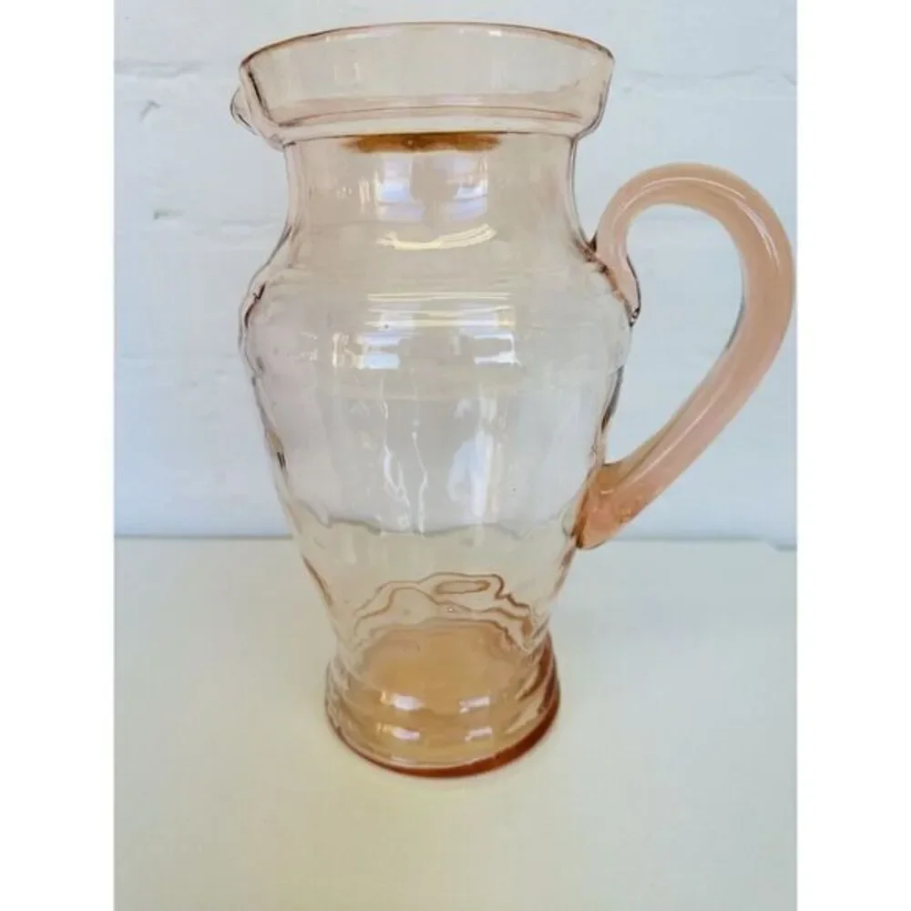 Depression Glass Pitcher Peachy Pink‎ Clear w/ Pattern Dot & Applied Handle VTG